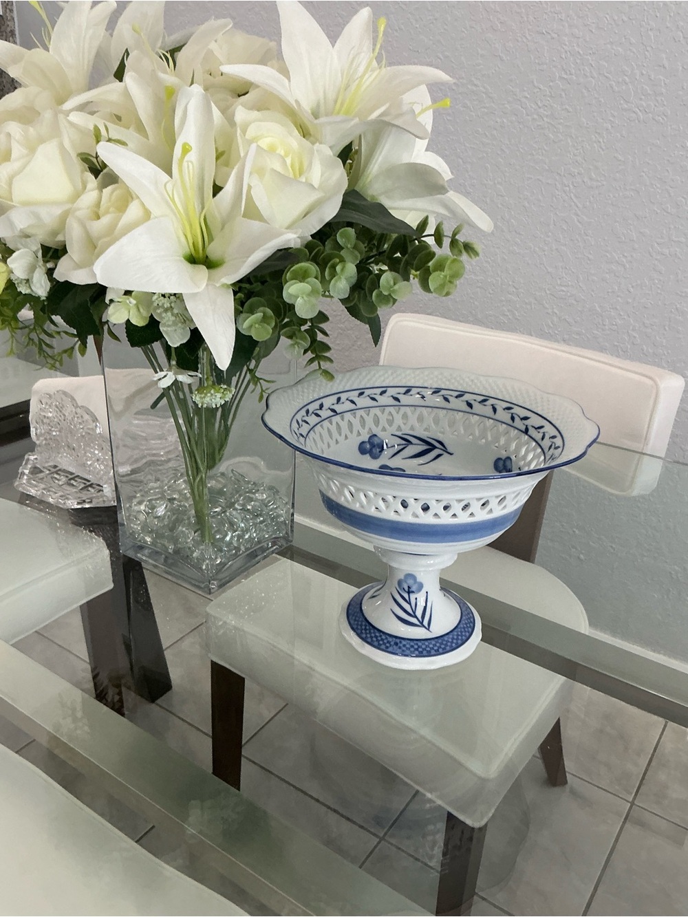 A Vintage Cracker Barrel Blue & White Porcelain Pierced Pedestal Compote Bowl